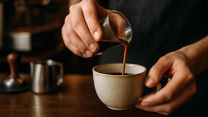 A close-up of hands pouring espresso from a small pitcher into a ceramic cup, 
          with a stainless steel milk jug and coffee-making equipment on a wooden table in the background.