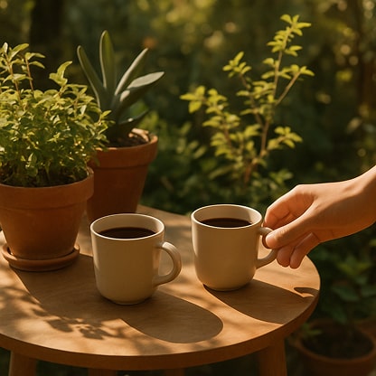 A serene outdoor setting with a wooden table holding two ceramic cups of coffee, 
          surrounded by potted plants, and a hand reaching for one of the cups under soft sunlight.