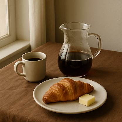 A cozy breakfast setup with a cup of coffee, 
          a glass carafe filled with coffee, and a plate featuring a croissant with 
          a pat of butter, all placed on a wooden table near a window with curtains.