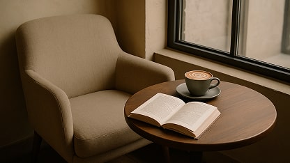 A cozy scene featuring a beige armchair next to a wooden side table, with an open book, 
          a cup of cappuccino on a saucer, and a window in the background.