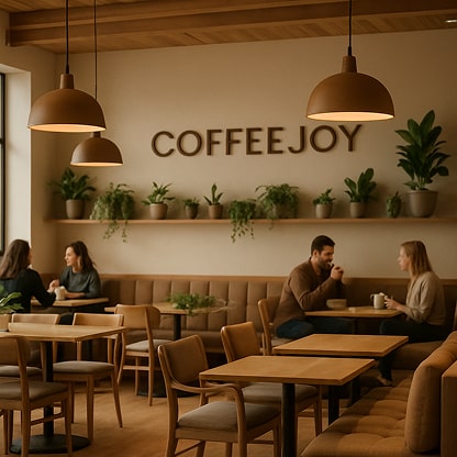 A cozy coffee shop interior with wooden tables and chairs, 
          a cushioned bench along the wall, pendant lights hanging from the ceiling, 
          and a sign reading 'COFFEEJOY' above a shelf with green plants. 
          People are seated and enjoying their drinks.