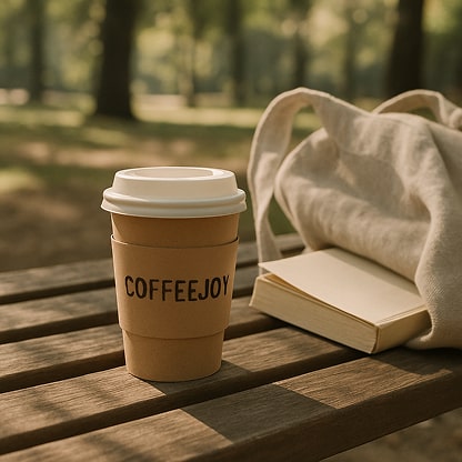 A wooden park bench with a CoffeeJoy branded paper cup, 
          a canvas tote bag, and an open book, set against a backdrop of green trees under soft sunlight.